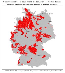 Abbildung: Grundwasserkörper in schlechtem chemischen Zustand nach Wasserrahmenrichtlinie (>50 mg/l Nitrat) im Jahr 2010 Quelle: SRU 2015, S. 71; Datenquelle Völker 2014